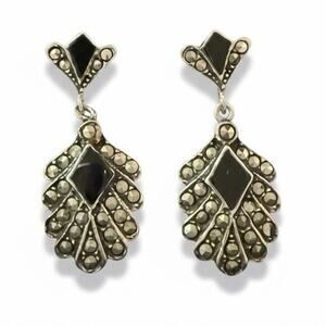 Sterling Silver Marcasite & Onyx Art Deco Earrings